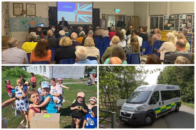 The Helping Our Ukrainian Friends meeting in Helpston, top; one of the ambulances to be delivered to Ukraine, and recipients of an earlier donation in Ukraine.