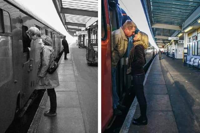 The original photo in 1980 of Tony and Sally kissing goodbye - and the re-creation in 2009.