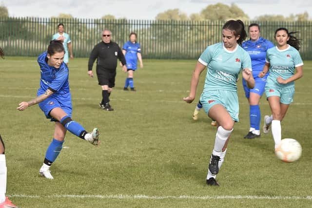 Emma Pollard of Whittlesey Athletic shoots at goal. Photo: David Lowndes.