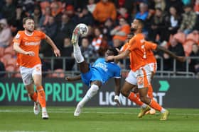 Ephron Mason-Clark of Peterborough United attempts an overhead kick during the Saturday's 4-2 win over Blackpool. Photo: Joe Dent.