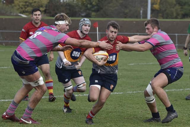 Ross Chamberlain in possession for Peterborough RUFC v Olney. Photo: David Lowndes.