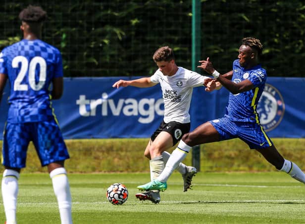 Ronnie Edwards in action for Posh against Chelsea ln July 2021. Photo: Joe Dent/theposh.com.