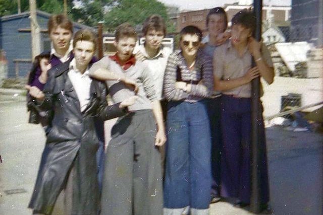 A great image showing a group of 1970s 'soul boys' at the Bishops Road Bus Station.