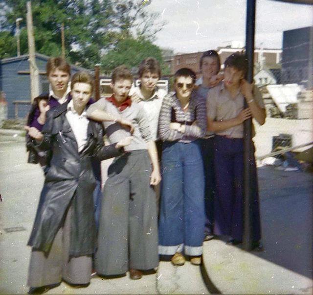A great image showing a group of 1970s 'soul boys' at the Bishops Road Bus Station.