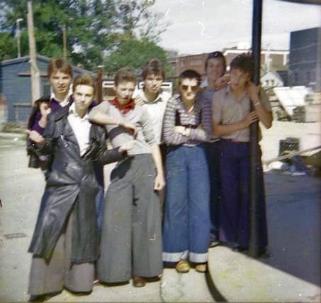 A great image showing a group of 1970s 'soul boys' at the Bishops Road Bus Station.