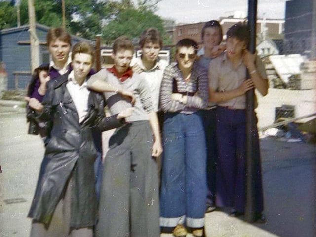 A great image showing a group of 1970s 'soul boys' at the Bishops Road Bus Station.