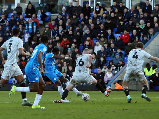 Kwame Poku of Peterborough United scores the winning goal against Exeter. Photo: Joe Dent/theposh.com