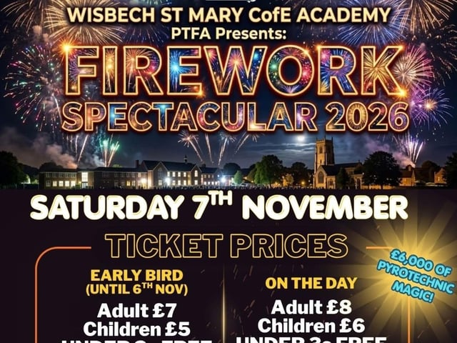 The Firework Spectacular returns to Wisbech St Mary CofE Academy on Saturday, November 7. The event will feature two amazing fireworks displays, traditional bonfire, food stalls and refreshments, rides and games. Tickets are priced at £7 for adults and £5 for children.