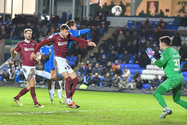 Hector Kyprianou scores for Posh against Northampton. Photo David Lowndes.