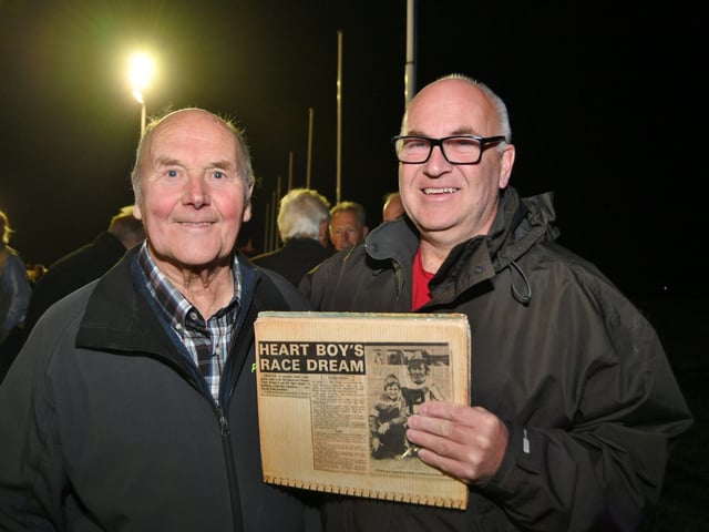 Former rider Brian Clark with 'Hole in the Heart' track mascot Dean Drage with his story in the ET.