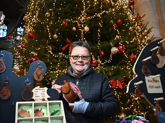 Kim Ball and leathercrafts at Peterborough Cathedral Christmas market.
