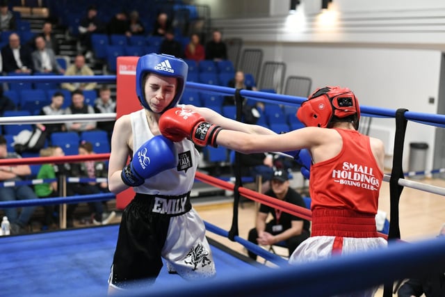 Home club boxer Emily Anderson faces Ella Hale during a Peterborough Police Boxing Tournament at Queen Katharine Academy.