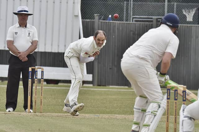 Richard Kendall bowling for Peterborough Town 2nds during a 16-run Northants Division One defeat at the hands of Burton Latimer. Photo: David Lowndes.