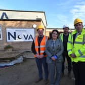Building work taking place at Nova primary academy, Bretton. Head teacher Alma McGonigle with contractors Darren King and Louie Gittins and Martin Bloor from Lindum with John Currie from Edge and Bobbie Macguire from PKAT.