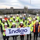 From left,  holding the Indigo sign board are Cross Keys Homes' chief executive Claire Higgins, CKH Group Board Chair Shelagh Grant, Cambridgeshire and Peterborough Combined Authority Deputy Mayor Cllr Anna Smith and Willmott Dixon’s Director Dan Doyle.