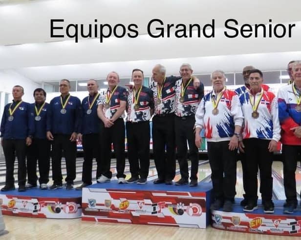 Geoff Brown is second left in the England team on top of the podium.