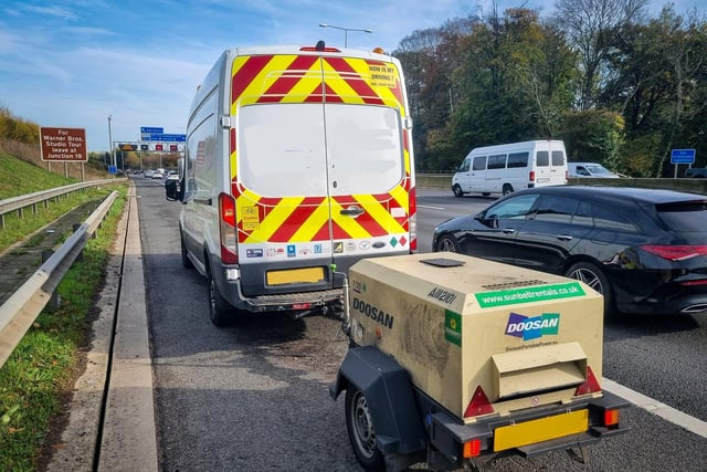 The driver of this van was stopped for towing a trailer in the outside lane of a motorway - which is illegal on motorways with three or more lanes.