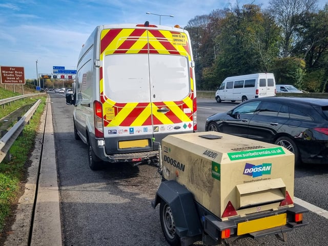 The driver of this van was stopped for towing a trailer in the outside lane of a motorway - which is illegal on motorways with three or more lanes.