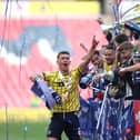 Oxford United celebrate their play-off final success at Wembley.  Photo by Michael Steele/Getty Images.