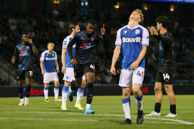 Bradley Ihionvien celebrates his brilliant debut goal for Posh at Gillingham. Photo Joe Dent/theposh.com