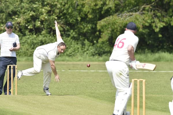 Orton Park bowler Jason Monaghan on his way to a five-wicket haul against Ketton Sports. Photo David Lowndes.