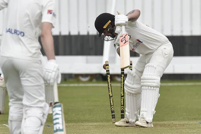 Peterborough Town's Chris Milner is bowled after making four in the ECB Club Championship win over Fakenham. Photo David Lowndes.