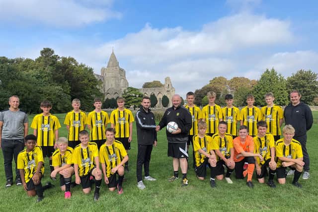 Crowland Under 15s with their new management team, Jay Vernalls (left centre), Charlie Head (right centre), Gavin Baxter (far left) and Gareth Purdy (far right).