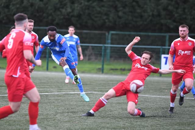 Action from Yaxley (blue) v Stamford AFC. Photo: David Lowndes.