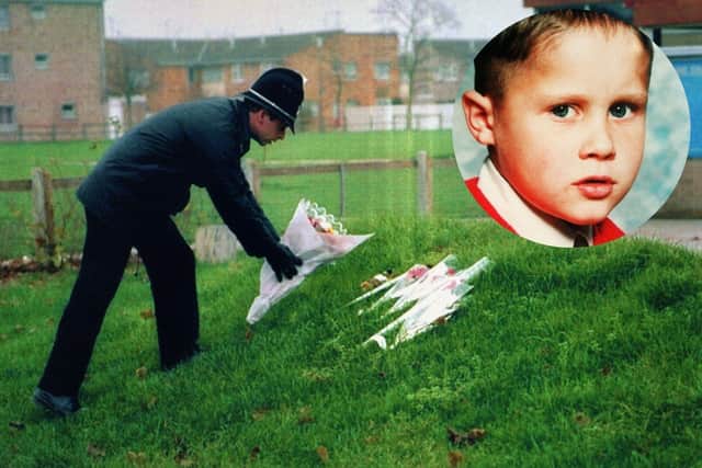 A police officer lays flowers at the scene of the crime in 1994. Inset: Rikki Neave. James Watson has been found guilty of murdering Rikki at the Old Bailey today