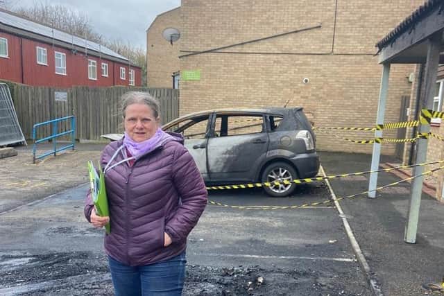 Cllr Heather Skibsted at Cheyney Court, the scene of one of the arson attacks