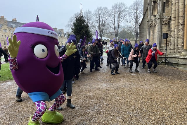 Beanie, the Kidney Research UK mascot, warms up