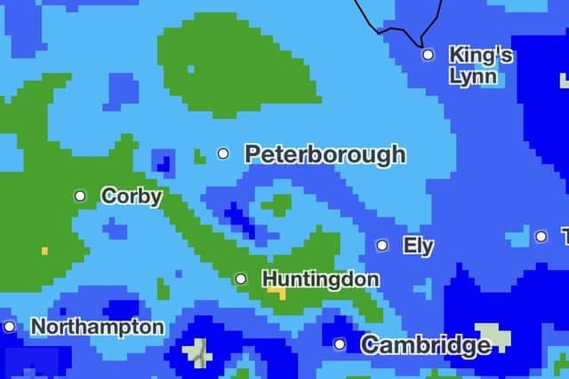 The Met Office's rain radar for Peterborough at 3am on Friday morning