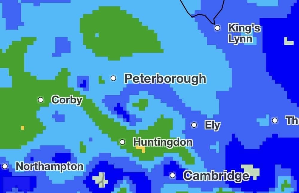 The Met Office's rain radar for Peterborough at 3am on Friday morning