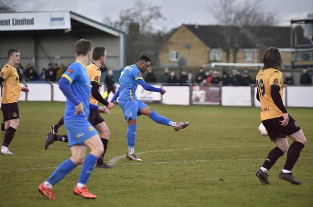 Dion Sembie-Ferris opens the scoring for Peterborough Sports against Southport. Photo: David Lowndes.