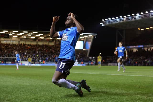 Kwame Poku of Peterborough United celebrates his goal v Sheffield Wednesday. Photo: Joe Dent/theposh.com.