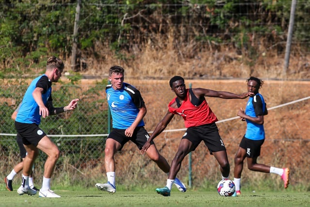 Kwame Poku in action with Harrison Burrows during a training match.