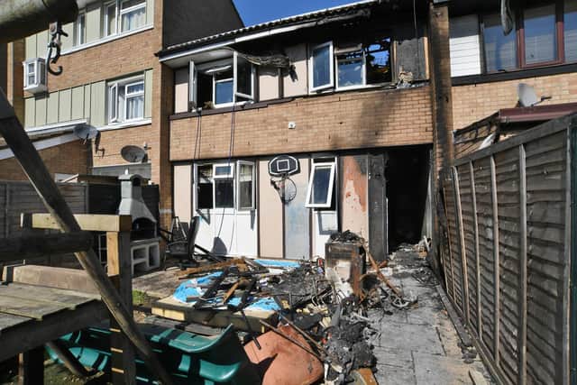 Eddie MacGregor and Esmerelda at their home at Collingham, Orton Goldhay - destroyed by fire following an e-scooter battery fire
