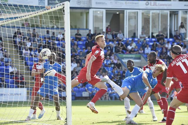 Hector Kyprianou scores for Posh v Orient. Photo: David Lowndes.