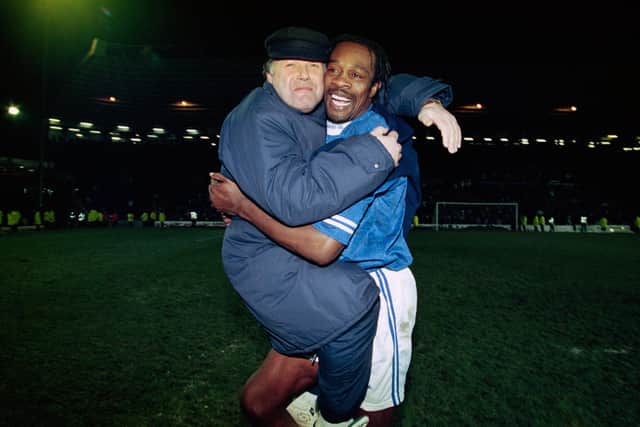 Barry Fry celebrates promotion at Birmingham City with Kevin Francis. (Photo by Mark Thompson/Allsport/Getty Images).