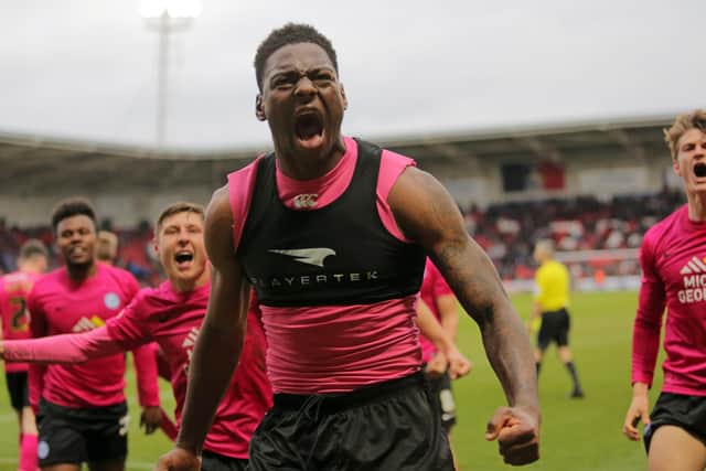 Ricardo Santos celebrates his one Posh goal, a match-wining effort at Doncaster, in 2016. Photo: Joe Dent/theposh.com.