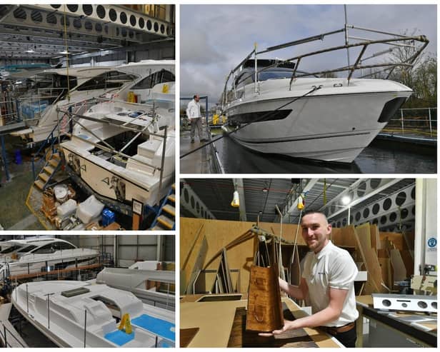 Head of Production Will Hargreaves looking at one of the tanked boats during Fairline Yachts' open day, top left and looking over the workshop, top right; boat technician Chris Park applies lacquer to part of a yacht during Fairline Yachts' open day, below right; the Fairline Yachts' workshop, below left.
