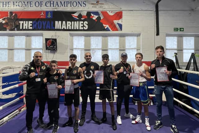 Top Yard boxers and coaches, from the left, Bilal Javed, Santino Harris, Adam Javed, Akif Shirazi, Aamir Shirazi, Henry Doe, John Doe & Claude Gray.