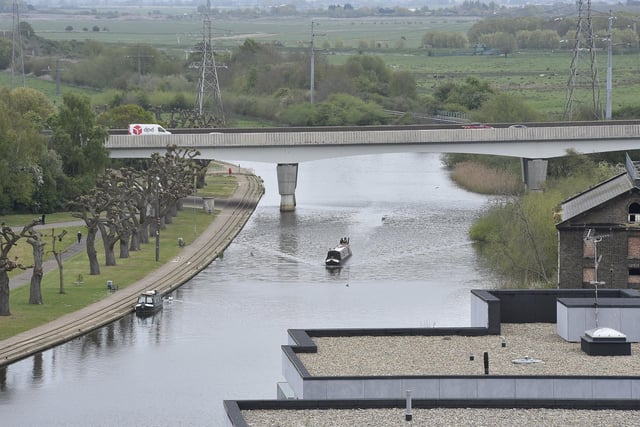 Views over the River Nene and out to the Fens from the rooftop terrace at the Hilton Garden Inn hotel.