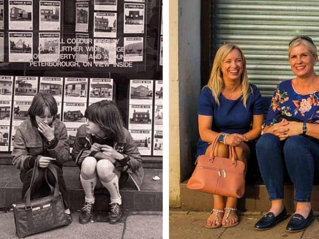1981 - Angela Baxendell (nee Leask) (left) and Beverley Barkley (nee Knight) snapped by Chris outside Craig’s estate agents in Broadway . They returned in 2021.