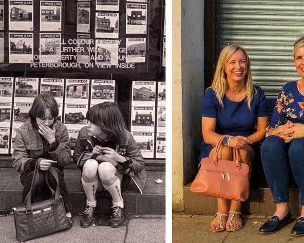 1981 - Angela Baxendell (nee Leask) (left) and Beverley Barkley (nee Knight) snapped by Chris outside Craig’s estate agents in Broadway . They returned in 2021.