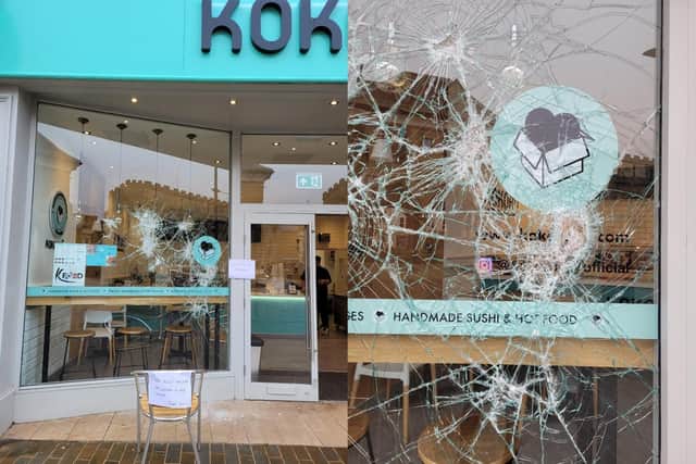 Smashed windows at Kokoro on Cathedral Square.
