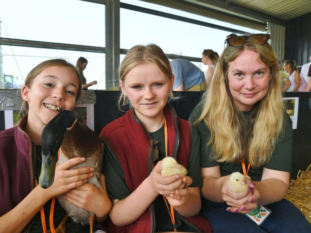Lucy Saddler, Emma-Jayne Willis and Sadie Richmond in the poultry pen