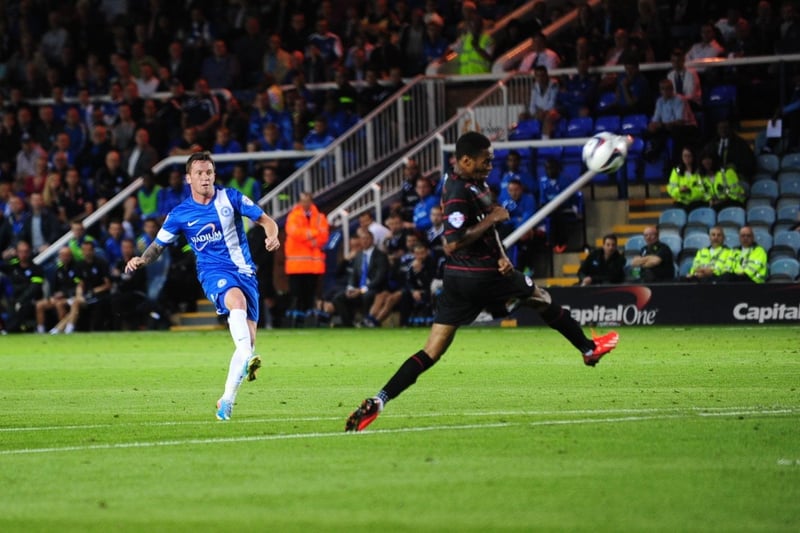 Lee Tomlin bagged a hat-trick as League One Posh smashed higher-level opposition in a League Cup tie in August, 2013. Britt Assombalonga. Jack Payne and even Danny Swanson scored. Swanson is pictured scoring his goal. A few days later Tomlin was smashing up manager Darren Ferguson's office after the club turned down a bid from Celtic!