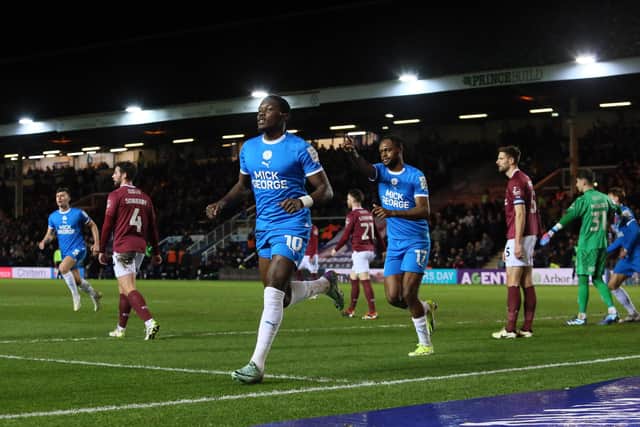 Ephron Mason-Clark celebrates his goal for Posh against Northampton. Photo Joe Dent/theposh.com.