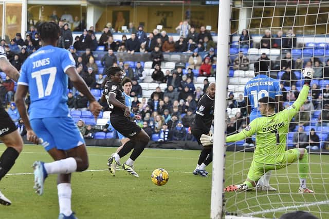 Joel Randall scores for Posh v Burton. Photo: David Lowndes.
